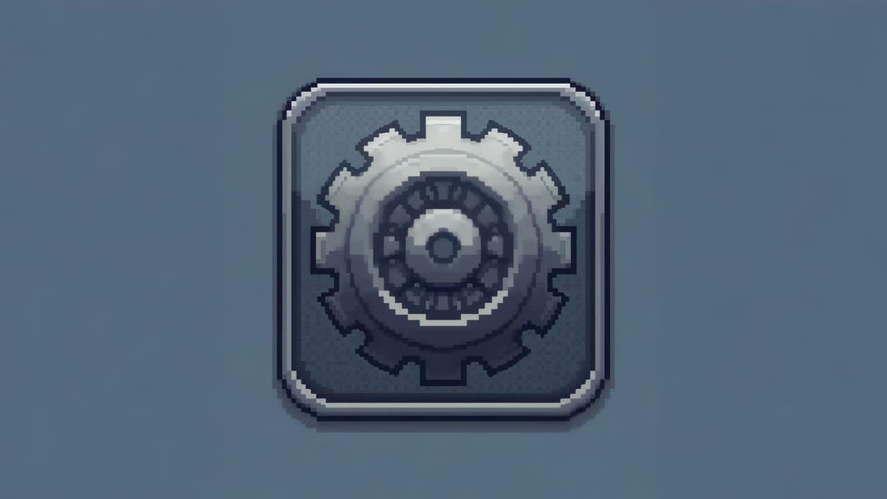 Rotating pixel-art gear icon on rounded button scaling on load at blue-gray canvas, for emphasis