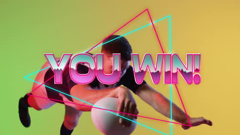 animation of you win text over neon pattern caucasian rugby player