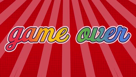 animation of game over text in colourful letters on red background