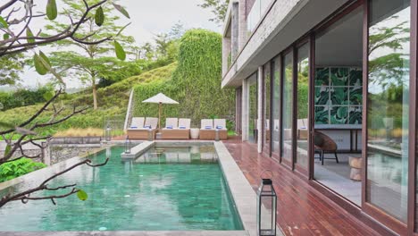 cinematic reveal of luxury property infinity pool from behind landscaped tree