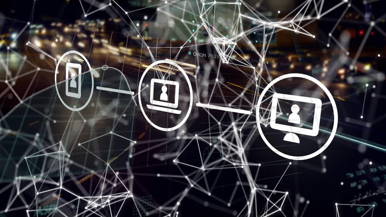 анимация сети соединений через сканирование и обработку данных на черном фоне