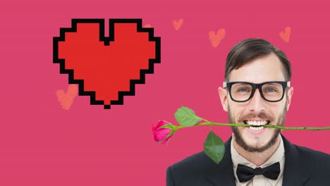 Animation-of-smiling-man-with-rose-in-his-mouth-moving-over-digital-red-heart-on-pink-background