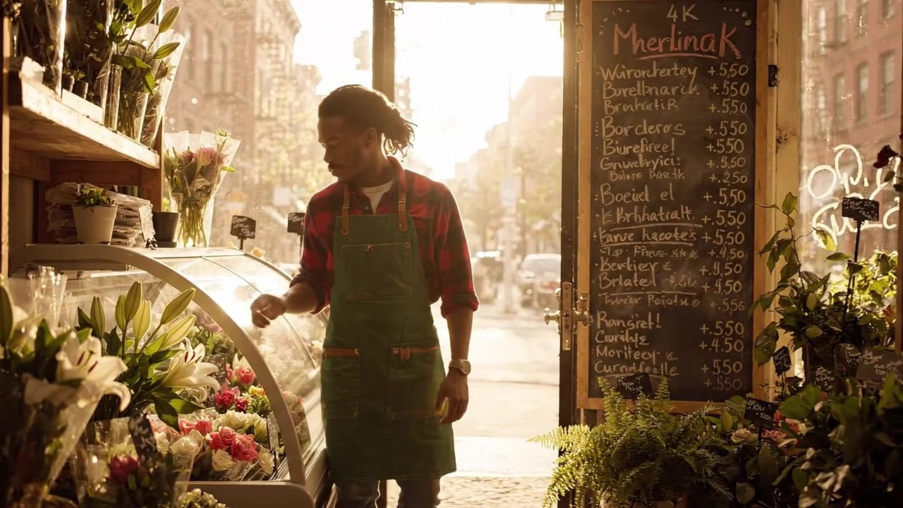 Una floristería en la hora dorada: Una florista atiende a los clientes rodeada de hermosos ramos y un menú de pizarra en un día soleado y brillante.