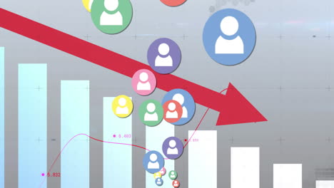 digital animation shows social media icons and falling financial data, symbolizing global finance te