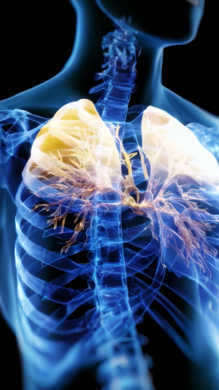 Visualizzazione anatomica dell'apparato respiratorio umano che mette in risalto i polmoni e le strutture bronchiali in due diversi stati di bagliore radioso e chiarezza