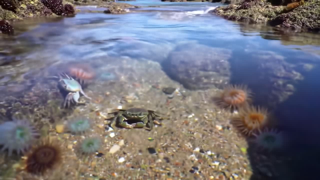 A Vibrant Marine Scene Featuring Crabs, Sea Anemones, and Colorful Marine Flora in a Clear Coastal Tide Pool Environment