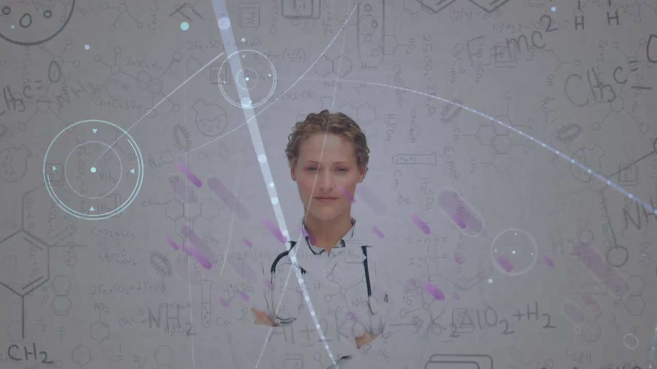 백인 여성 의사에 대한 화학 구조 및 데이터 처리 애니메이션