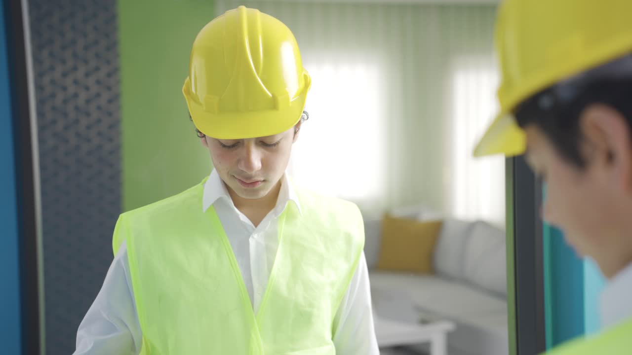 el niño con casco y chaleco sueña con ser ingeniero frente al espejo.