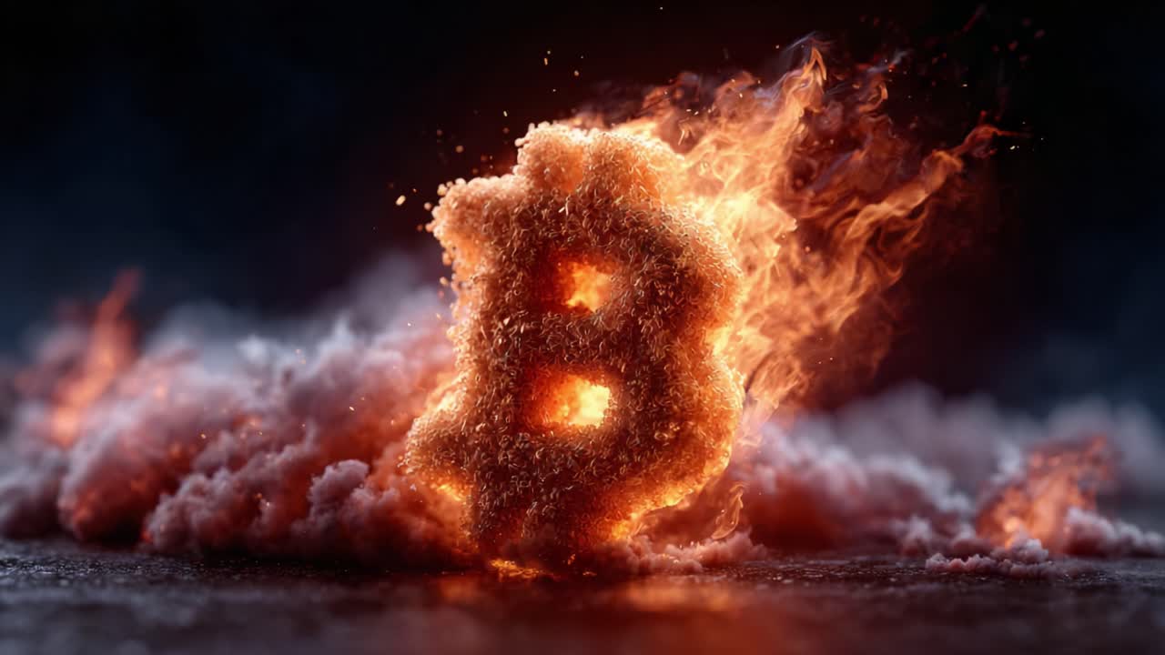 A Fiery Representation of Cryptocurrency: The Glowing Bitcoin Symbol Surrounded by Flames and Smoke, Symbolizing the Intrinsic Value and Volatility of Digital Assets