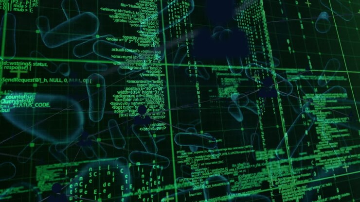 Rete di icone digitali e elaborazione dati contro vasi sanguigni multipli su sfondo nero