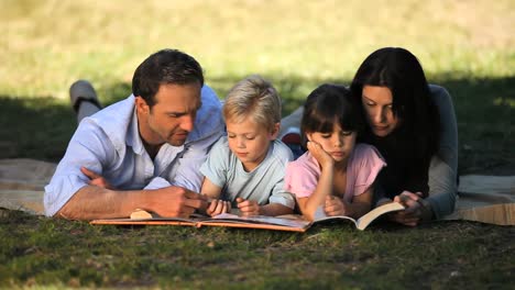 family looking books and enjoying a good weather