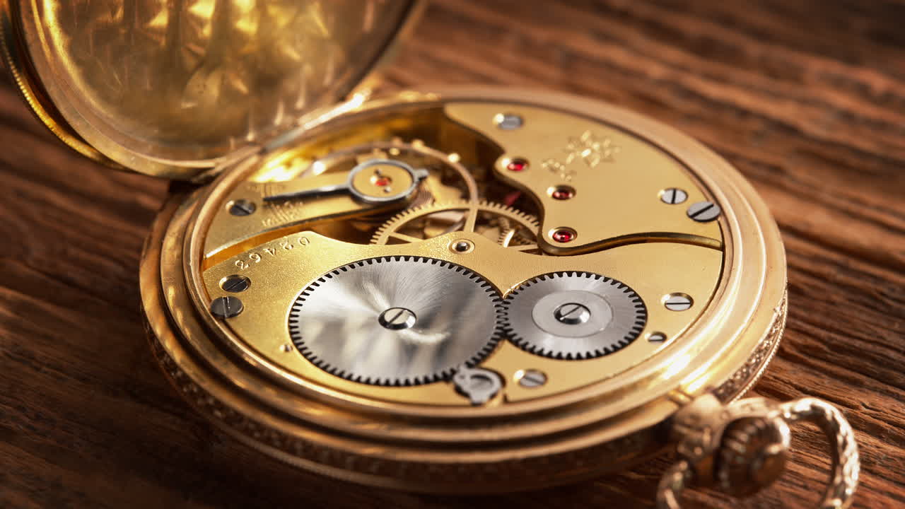 Clockwork Of A Stylish Golden Pocket Watch Jeweled With Rubies, Dolly Out and Macro