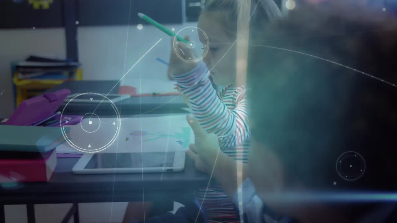 animación de la red de conexiones sobre escolares felices y diversos