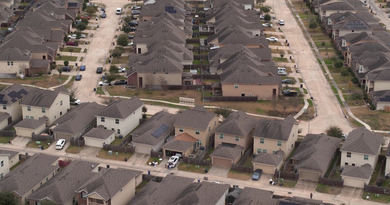 Establishing aerial shot of residential housing in the Mission Bend area of Southwest Houston, Texas. Ideal for real estate, development, and suburban lifestyle projects