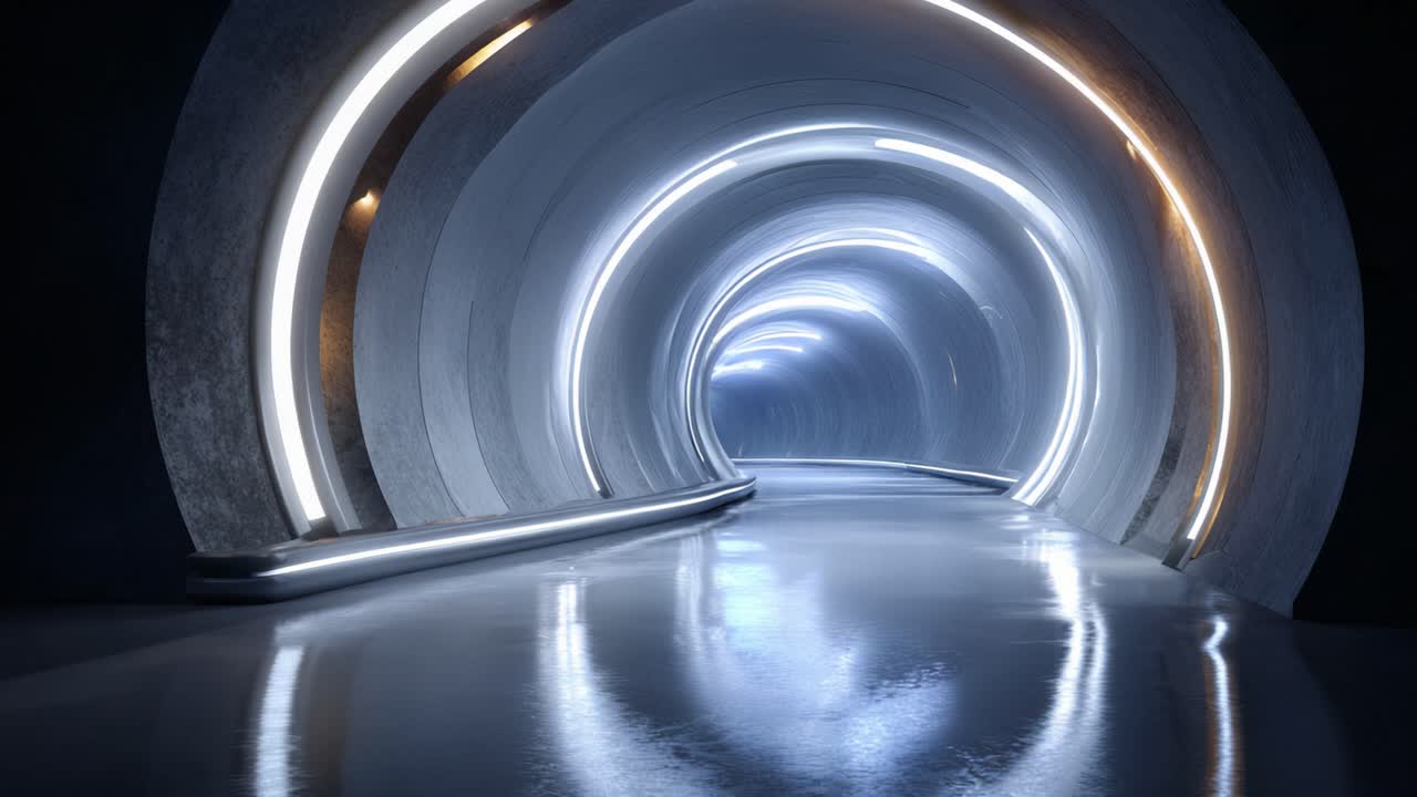 Futuristisk tunnel: Visuelt betagende rejse gennem en oplyst, cylindrisk passage med glatte vægge og glimtende refleksioner i blåt og hvidt lys