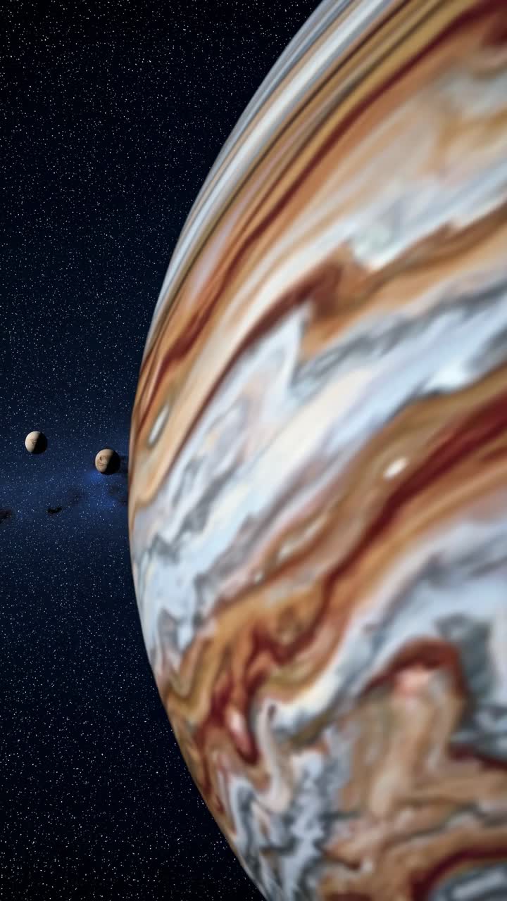 Et hypnotiserende stillbillede fra en video af en gasgigantplanet, fanget fra et lavt perspektiv.