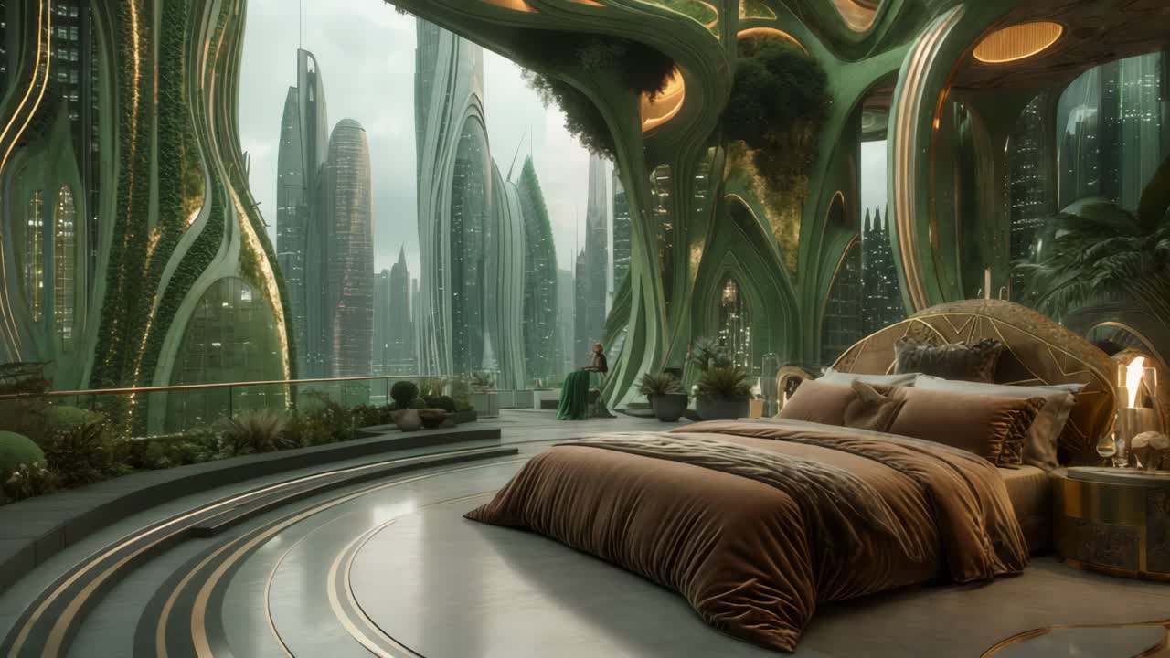 도시 전망을 가진 미래의 녹색 침실