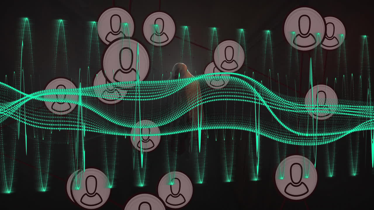 Neon green dotted waveform waving across digital network, intersecting user icons with red lines