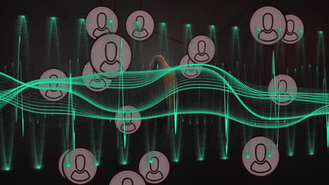 Neon green dotted waveform waving across digital network, intersecting user icons with red lines