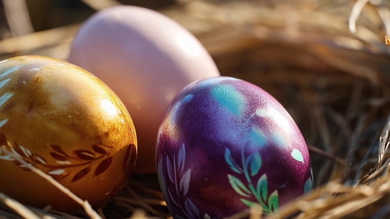 Colorful Decorated Easter Eggs in a Rustic Nest
