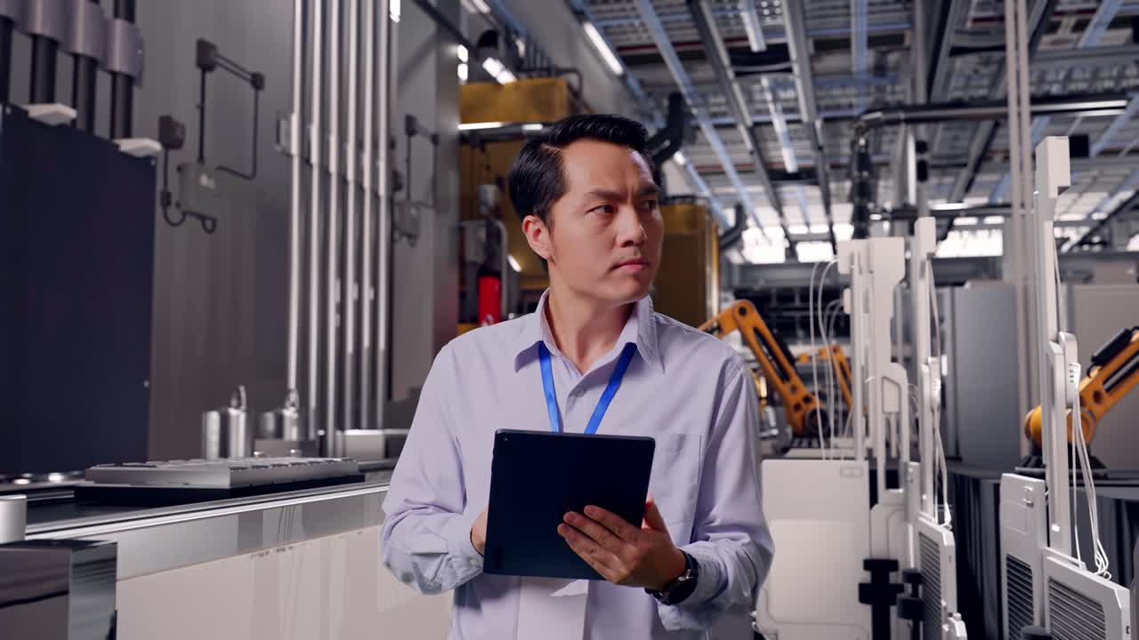 Asian Male Professional Worker Standing With His Tablet, Automated Battery Production Line in a Modern Factory, He Observes By Looking Around Before He Come To Concentrating With His Tablet
