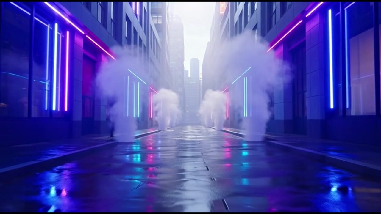 Vapore che sale dai tombini in un vicolo cittadino illuminato al neon