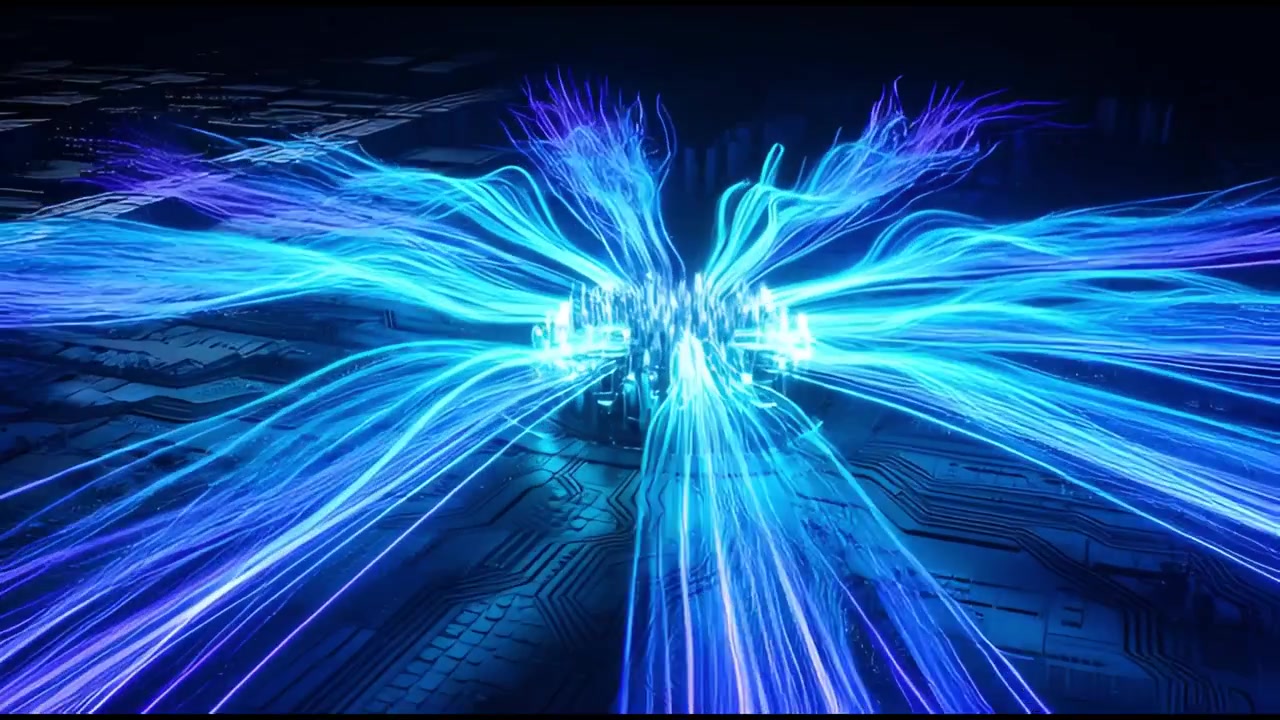 Futuristic Digital Core Emitting Blue Energy on Circuit Board