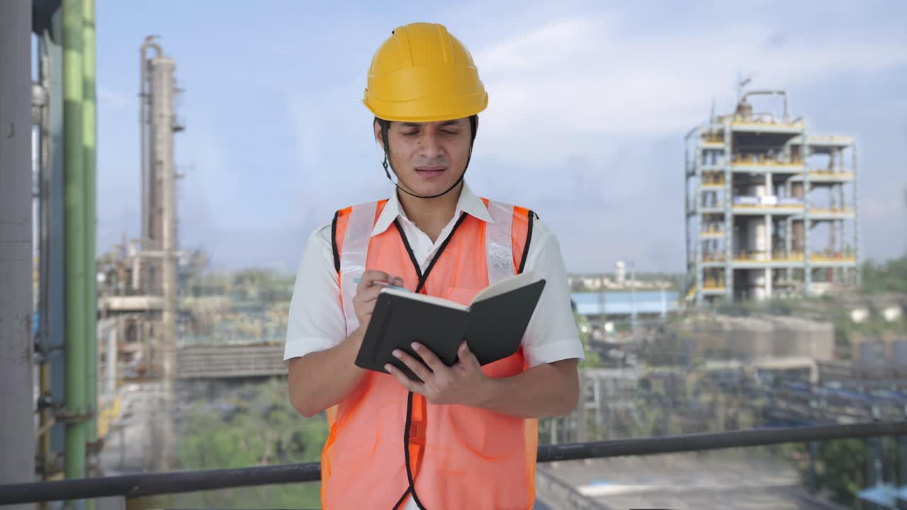 arquitecto indio confundido escribiendo notas sobre el edificio
