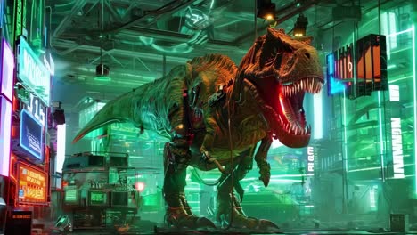 un gran dinosaurio con la boca abierta en una habitación oscura