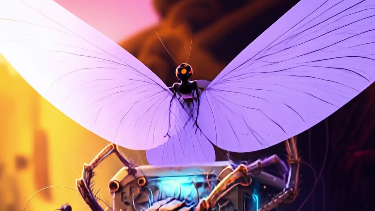Glowing spider robot in vivid scene. A robotic spider with glowing eyes and intricate details crawls next to a small insect in a colorful environment.
