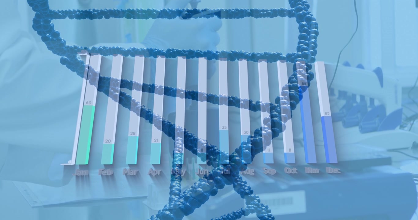 Animation of dna strand and data processing over digital icons
