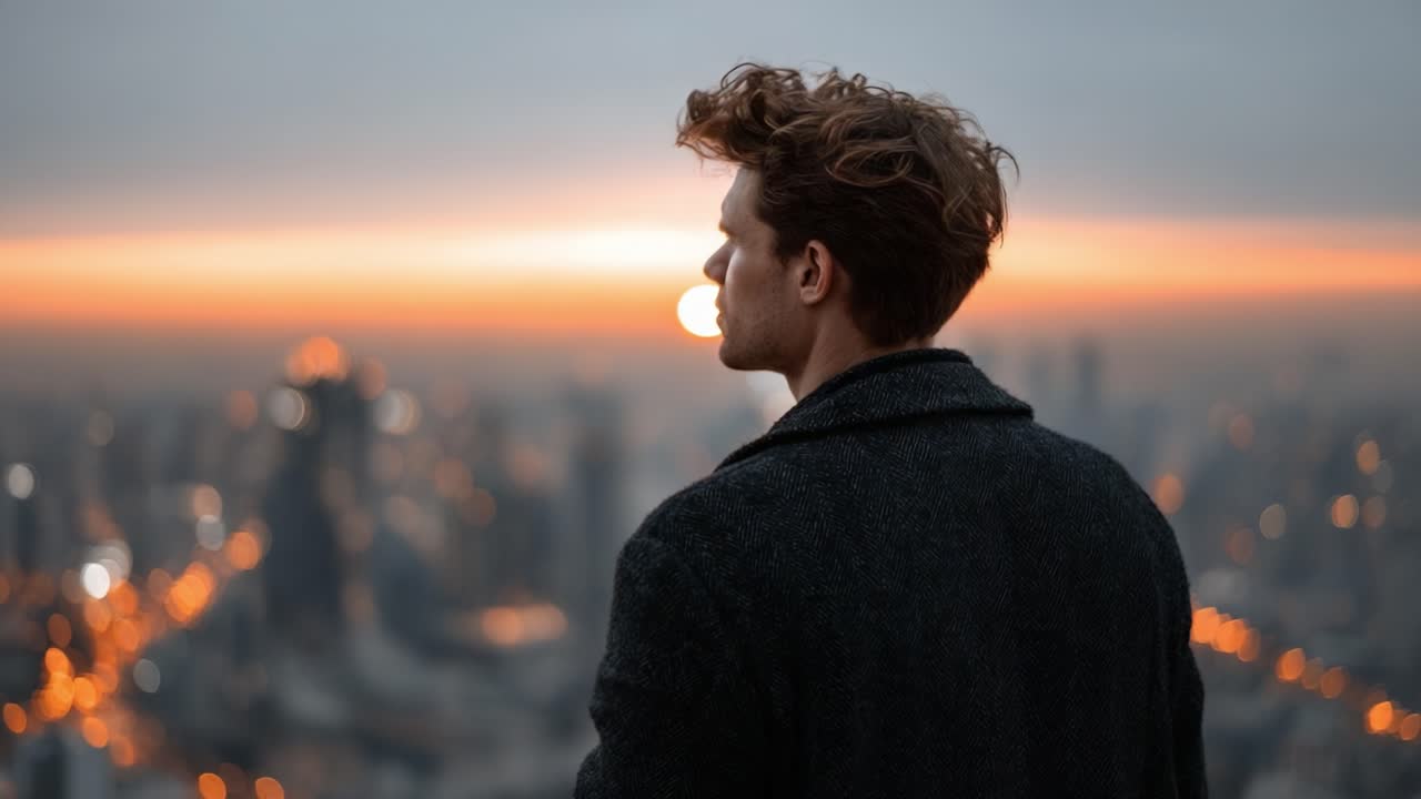 A solitary figure gazes over a breathtaking city skyline at sunset, capturing a moment of reflection and tranquility amidst urban vibrance and shimmering lights