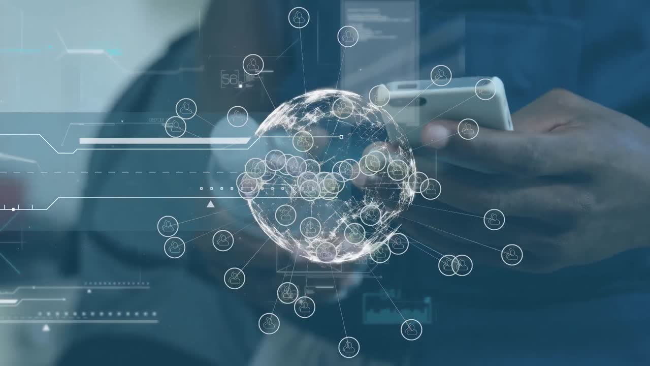 animación de la red de conexiones y el mundo sobre las mujeres afroamericanas que usan teléfonos inteligentes