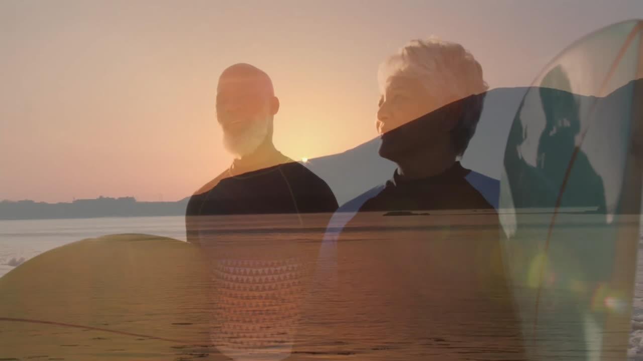 Surfing partners sharing health data overlay on sunset beach with surfboards, animated wave icons