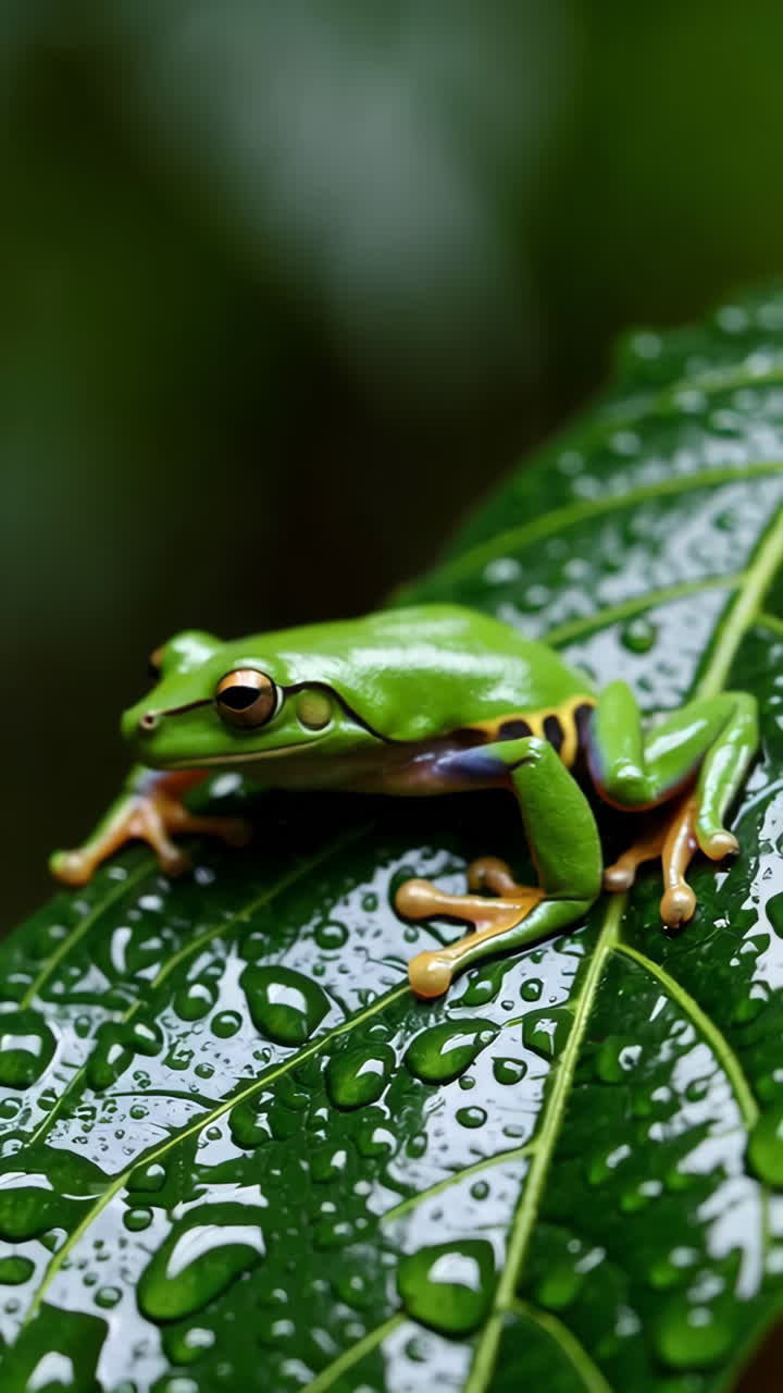 Green Tree Frog on a Wet Leaf