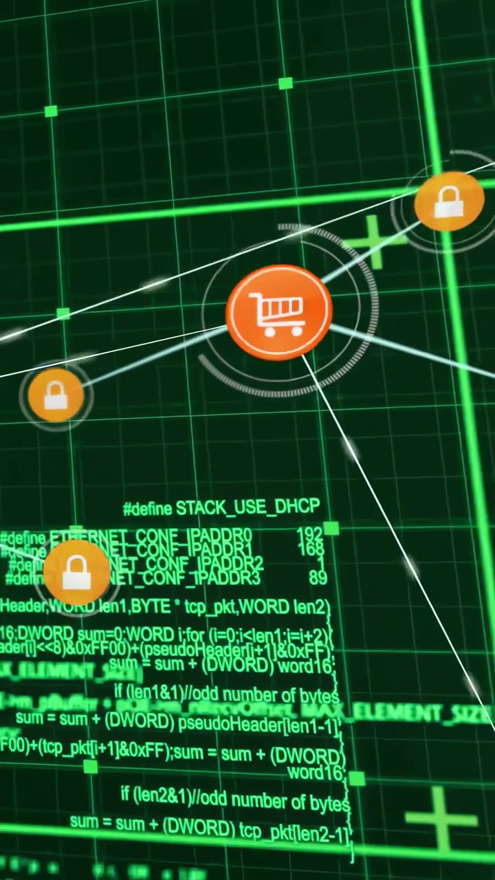 Video verticale: Nodi del carrello che pulsano sugli ordini, collegando lucchetti e scalando, mostrando la sicurezza dell'e-commerce.