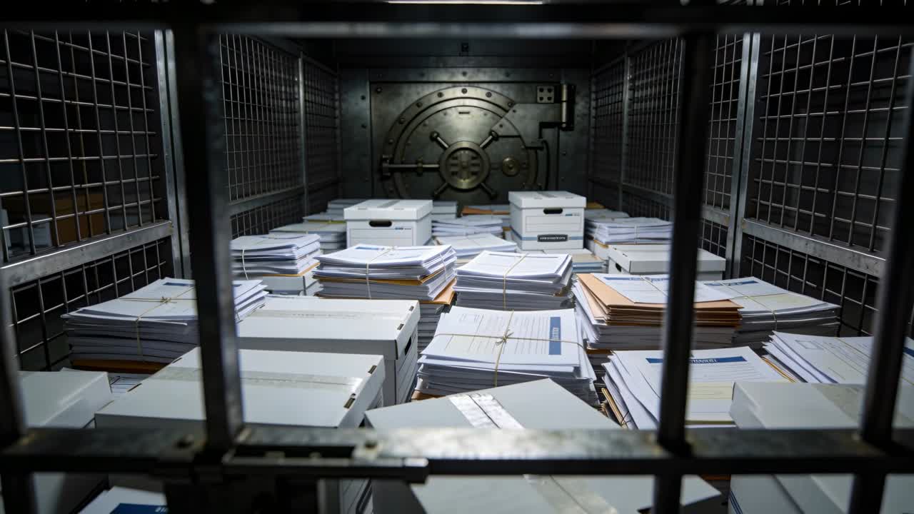 Panning camera revealing file boxes and bundled papers behind locked gate in steel vault