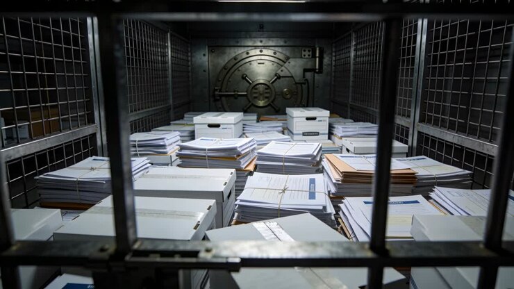 Panning camera revealing file boxes and bundled papers behind locked gate in steel vault
