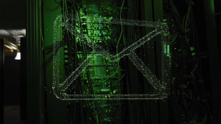 Animation of email icon and digital data processing over computer servers