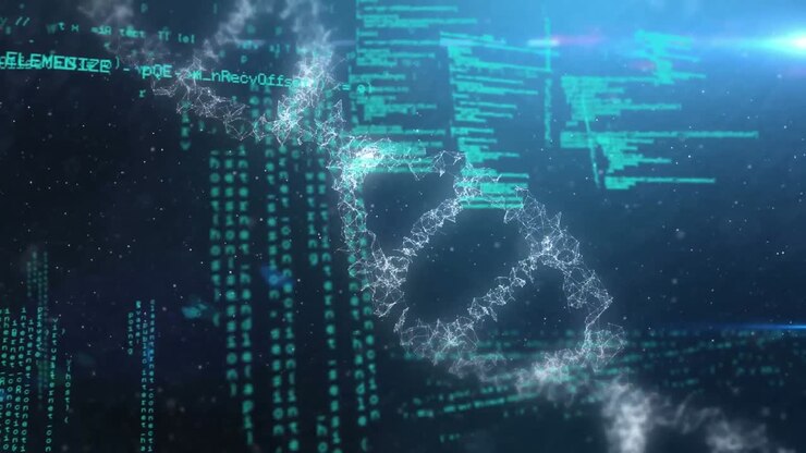 Animation of dna strand spinning and computer data processing over glowing blue background