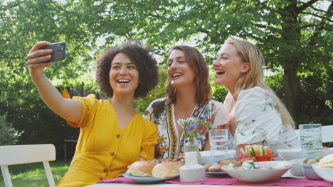 women posing for selfie on mobile phone sitting outdoors in garden at home eating meal together