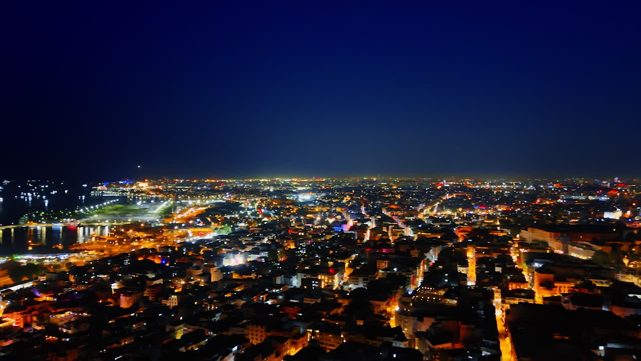 Vast luminous panorama of amazing Istanbul, Turkey. Drone footage of the beautiful capital at night time