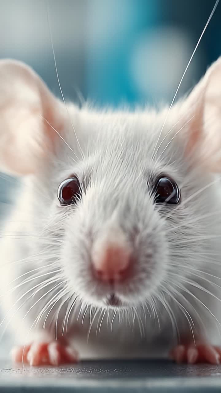 Un viaggio ravvicinato: dettagli accattivanti di un topo bianco con tratti espressivi e la transizione a una visione astratta in un ambiente da laboratorio scientifico