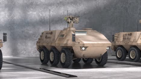 military armored personnel carrier in a warehouse