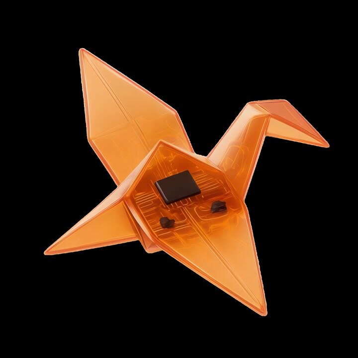 Orange, gennemsigtig elektronisk origami-trane på sort baggrund