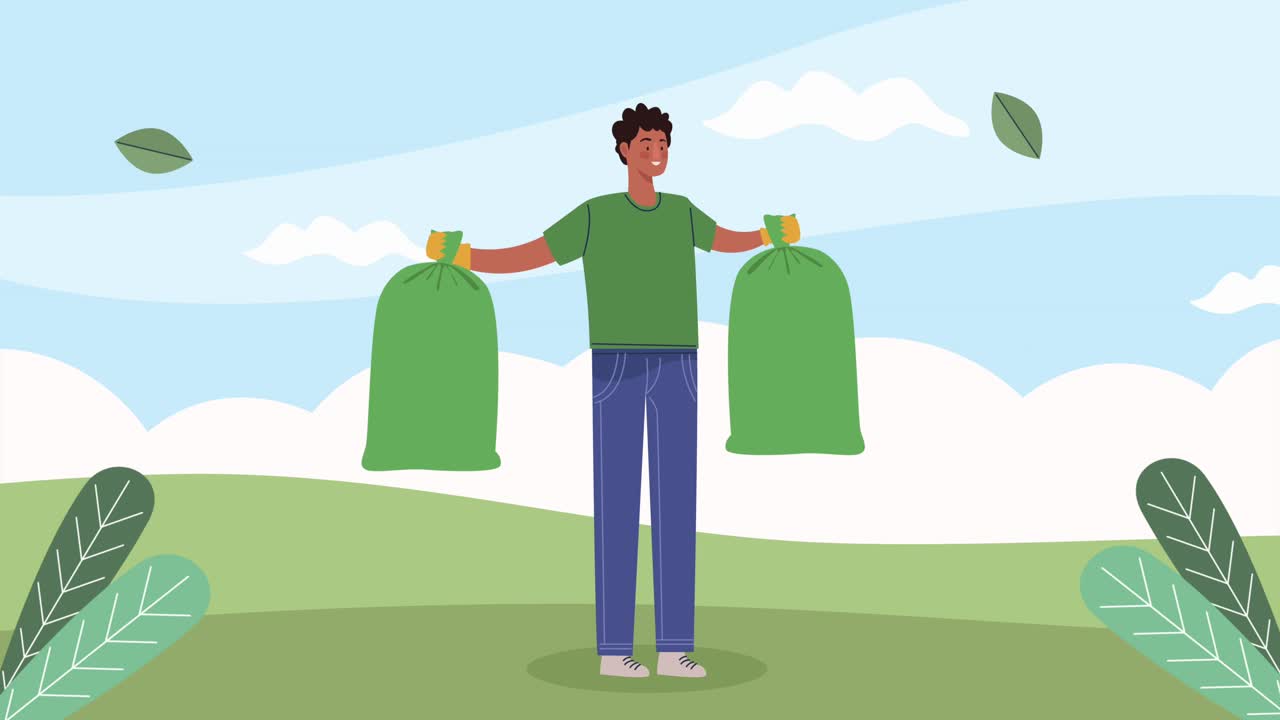 male ecologist with garbage bags animation