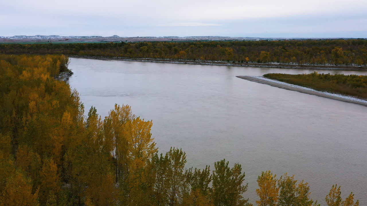 노란색 나무와 눈 인 강변 드론 촬영