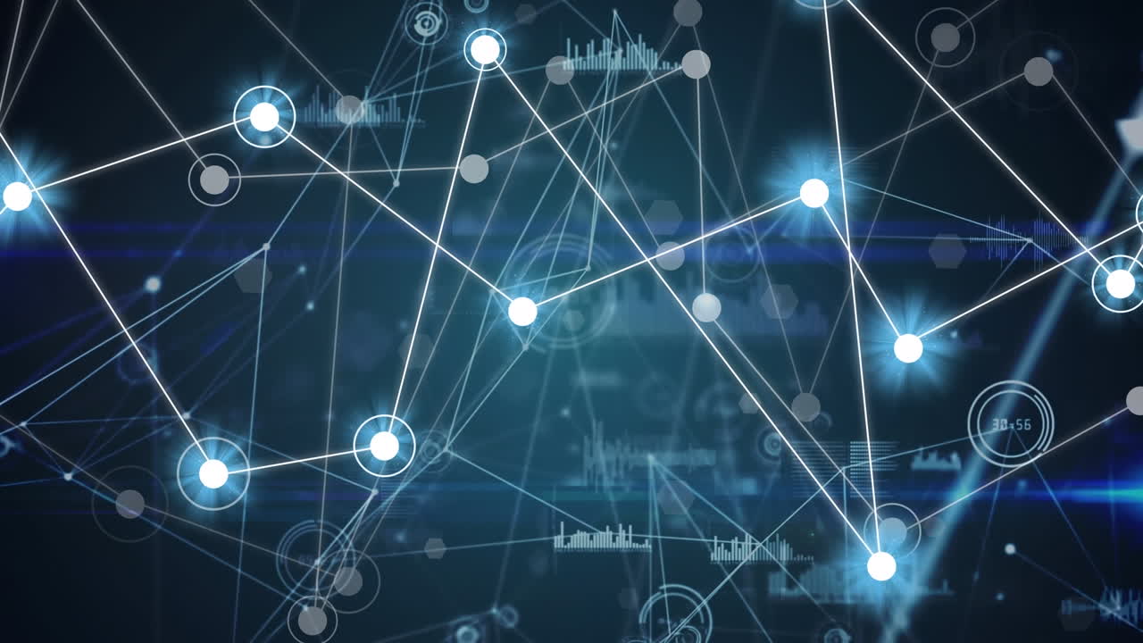 Animation of network of connections with glowing spots and data processing on black background