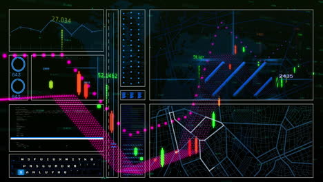 animation of interface with financial data processing over world map against black background