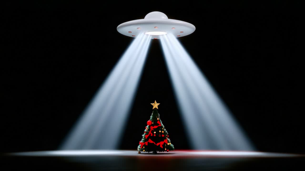 A UFO Descends from the Dark Sky, Illuminating a Festively Decorated Christmas Tree with a Brilliant Beam of Light, Blending Elements of Christmas with Sci-Fi Imagery in a Dark Space